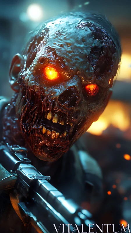 Molten-eyed cyber zombie lunges forward in toxic glow.