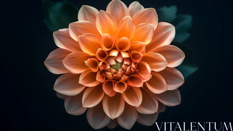 Dahlia in Coral: Layered Petals Against Dark Backdrop.