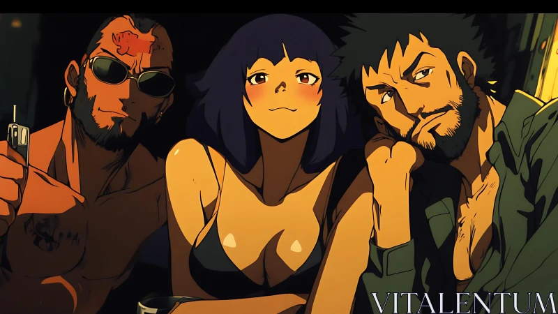 Three stylized characters sit closely in warm directional light