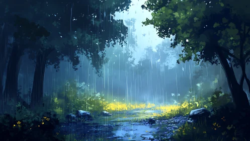 Enchanting Forest Stream Bathed in Golden Light