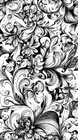 Ornate baroque floral scrollwork in bold monochrome ink.