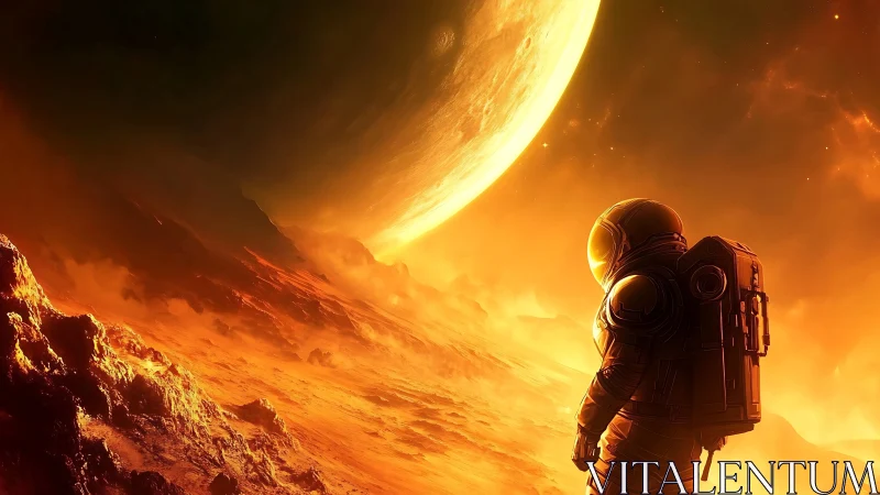 Solitary astronaut under blazing alien sunrise on dunes.