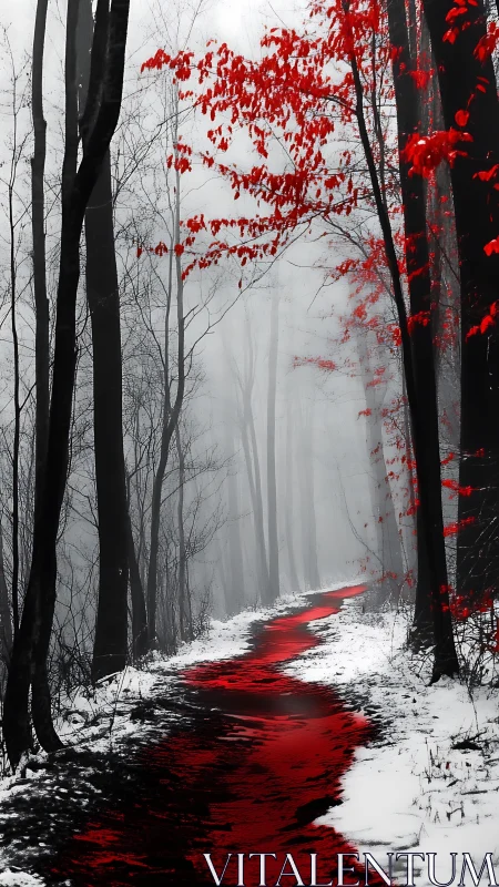 Red pathway through monochrome snowy forest in mist.