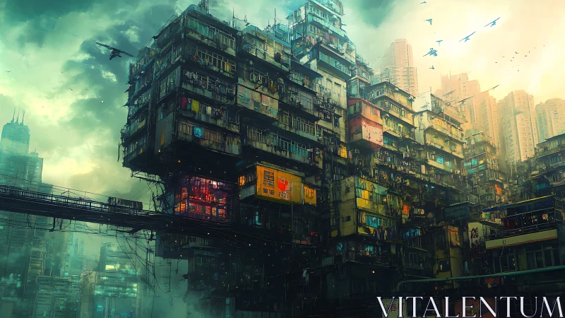 Cyberpunk megablock slumscape with stratified neon facades.