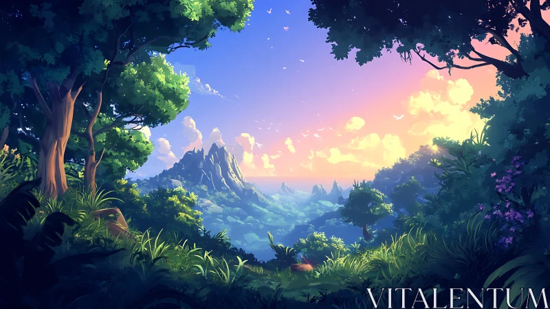 Mystical Forest Valley at Golden Sunrise.