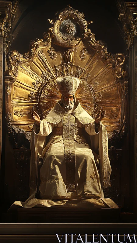 Gilded bishop sculpture before radiant baroque altar.