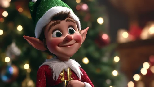 Whimsical Christmas elf portrait in festive bokeh lighting.