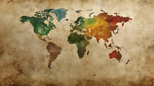 Color-washed world map glows gently on a vintage wall