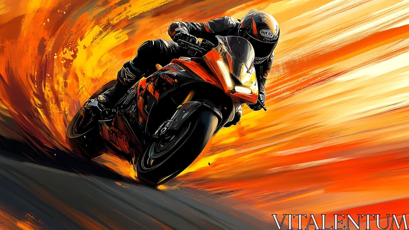 Flame-trail superbike slicing through a molten sunset bend.