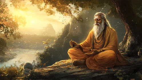 Sunlit yogi meditating on riverside cliff with atmospheric depth