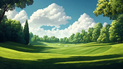 Sunny golf fairway framed by lush trees and soft clouds.