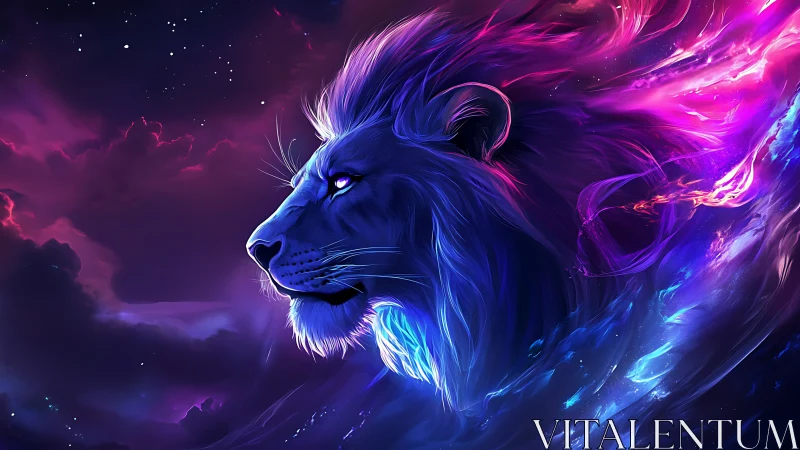 Profile study of neon lion against abstract cosmic field.