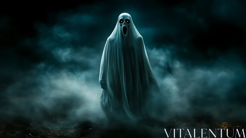 Ghostly specter emerging from swirling midnight fogscape.