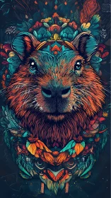 Colorful capybara portrait with intricate floral patterns.