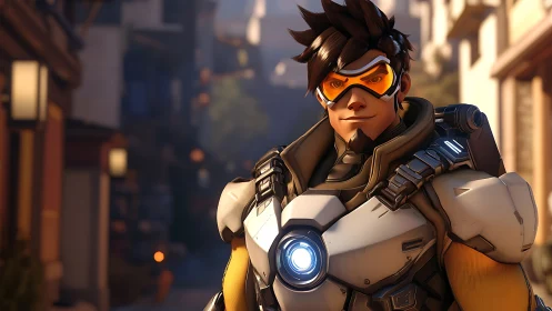 Armored sci fi character stands in sunlit urban alleyway