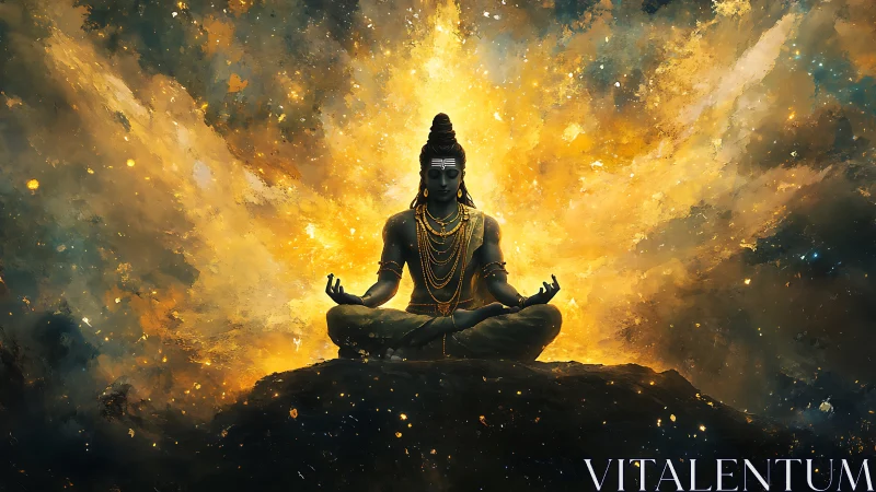 Cosmic meditative deity amid eruptive astral lightfield dynamics.