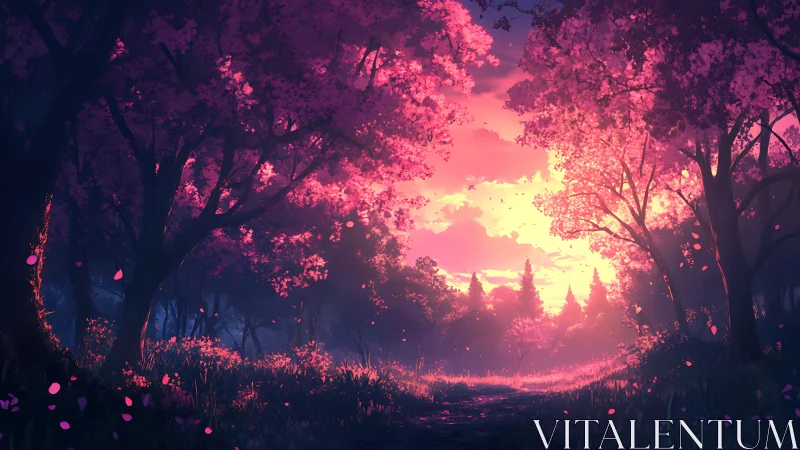 Luminescent cherry grove corridor under radiant sunset sky.