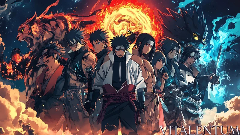 Naruto-inspired shinobi lineup under fiery and icy sky.