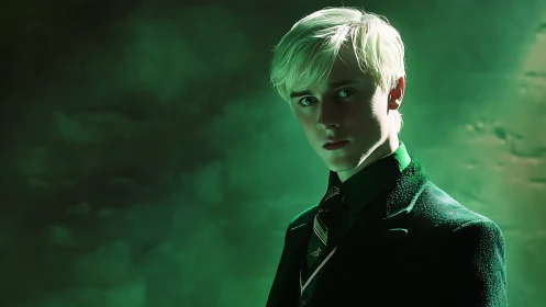Cool-toned portrait of blond youth in green rim lighting and suit