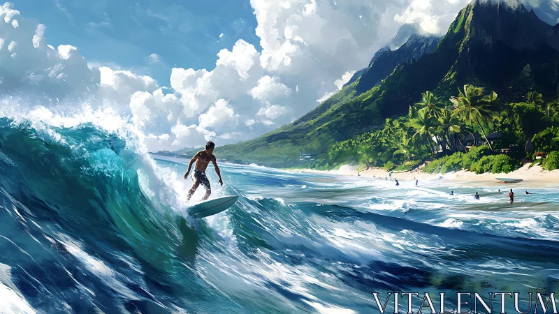 Surfer rides turquoise wave beside lush tropical coastline.