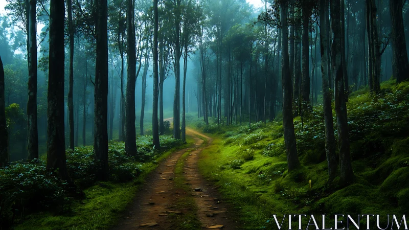 Misty Forest Path Through Tall Trees.