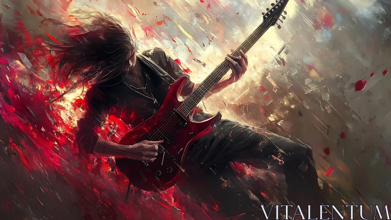 Guitarist with red electric guitar rendered in dynamic motion
