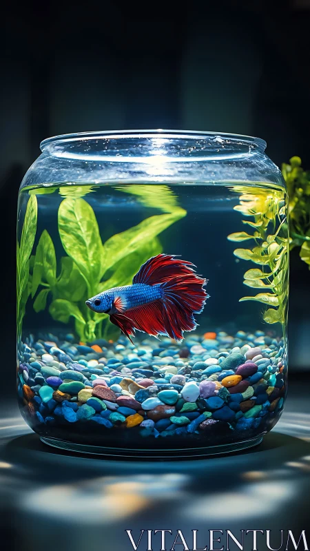 Vibrant betta fish in minimalist glass bowl aquascape.