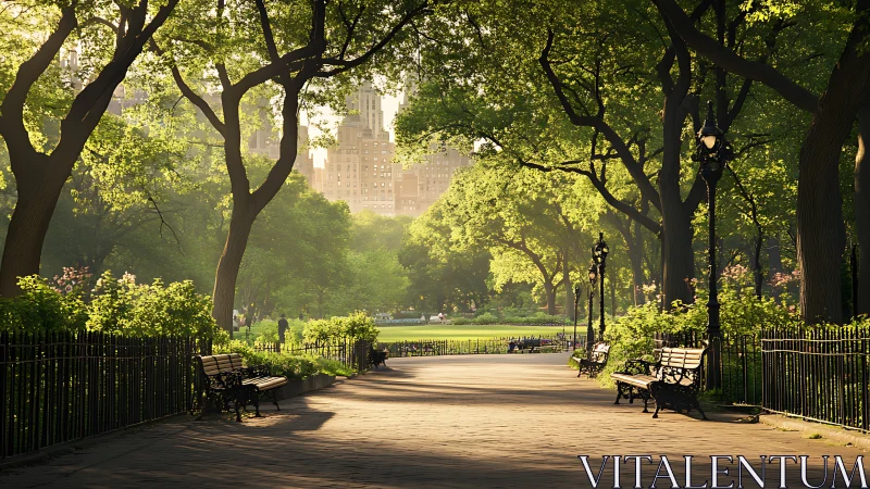 Sunlit city park promenade framed by lush green canopy.