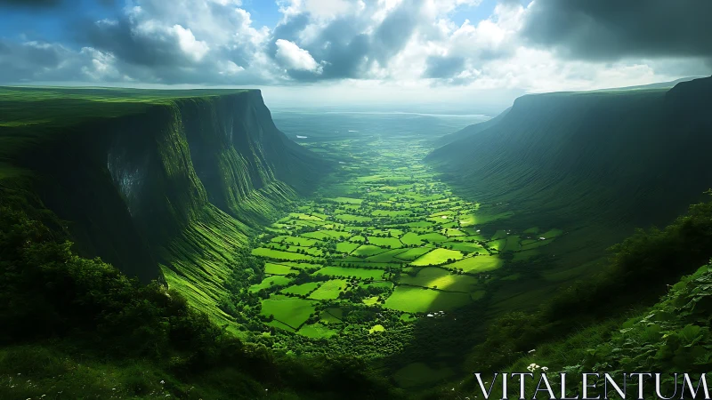 Sunlit emerald valley beneath towering moss cliffs.
