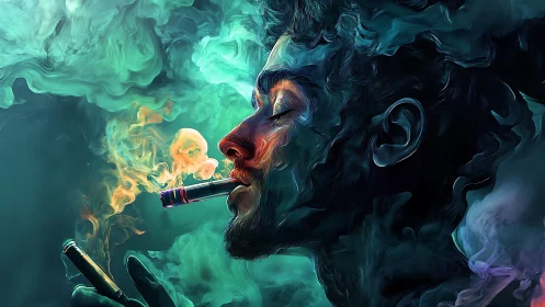 Profile view of man vaping in dense colored smoke field.