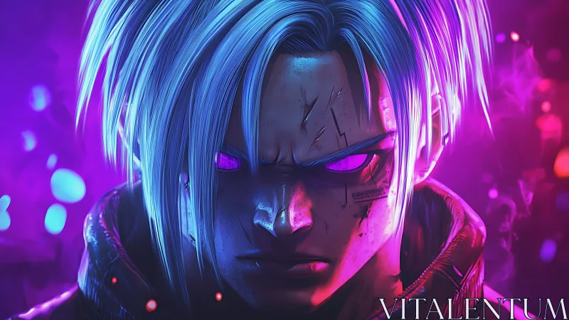 Cybernetic warrior portrait channels neon rage in close-up