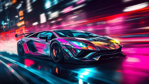 Neon-saturated hypercar in high-velocity motion blur study.