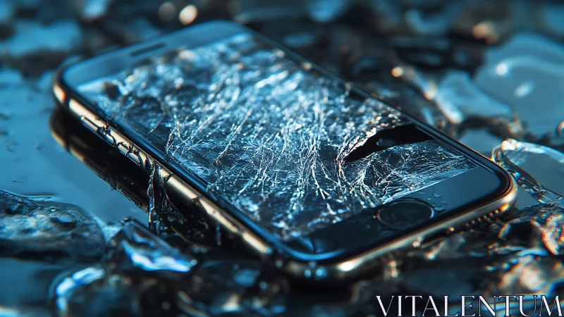 Shattered smartphone adrift in icy blue digital wreckage.