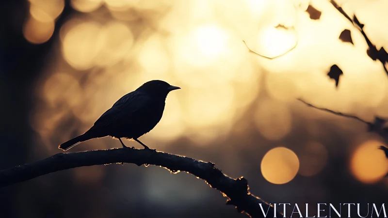 Silhouette of a Bird on a Branch at Sunset with Soft Bokeh Effect.