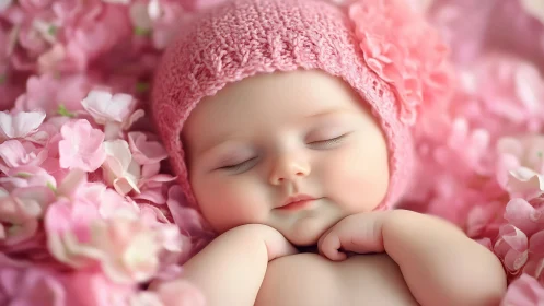 Sleeping newborn in pink floral blanket of petals.