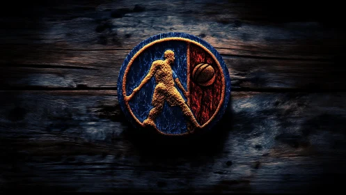 Textured hoop legend strides through glowing circular badge