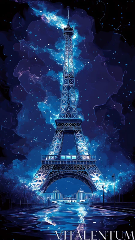 Electroluminescent Eiffel lattice amid spectral Parisian night.