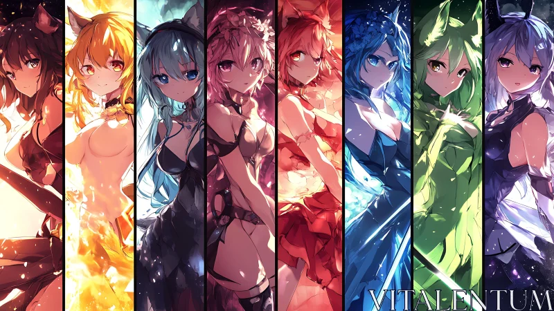 Elemental anime girls aligned in vivid vertical panels.