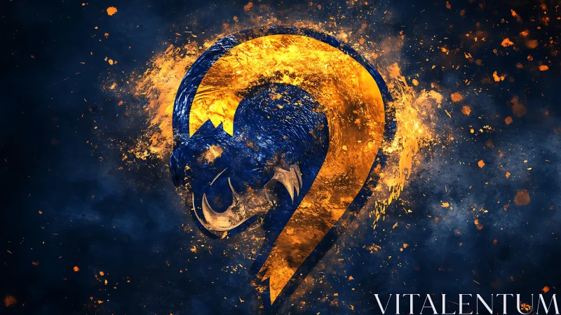 Curved emblem with ram skull rendered in textured blue and gold