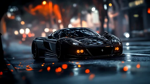 Low-slung black supercar rendered with wet asphalt reflections and bokeh