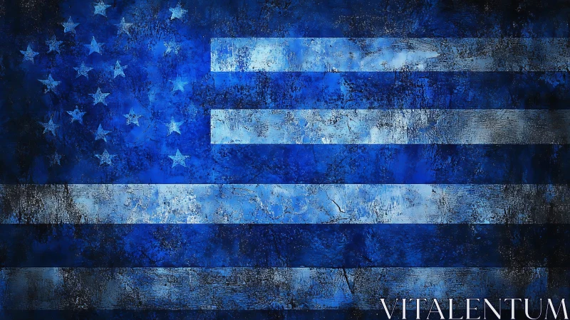 Grunge-textured monochrome US flag in blue tonal abstraction.