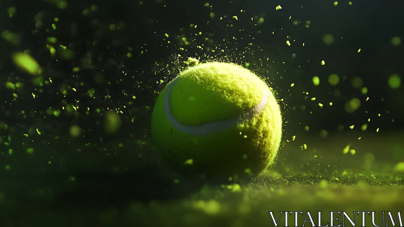 Tennis ball shatters green dust in mid-bounce spotlight