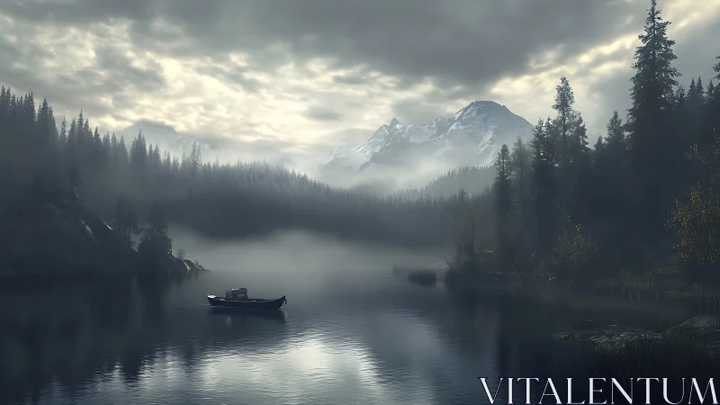Misty mountain lake holds a solitary boat at dawn.