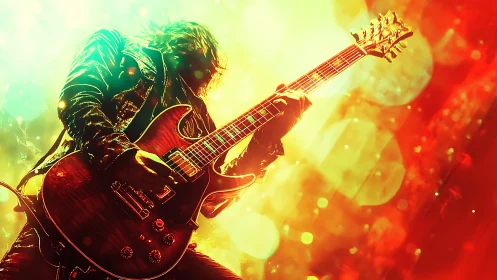 Guitarist silhouette holds electric guitar amid saturated lights