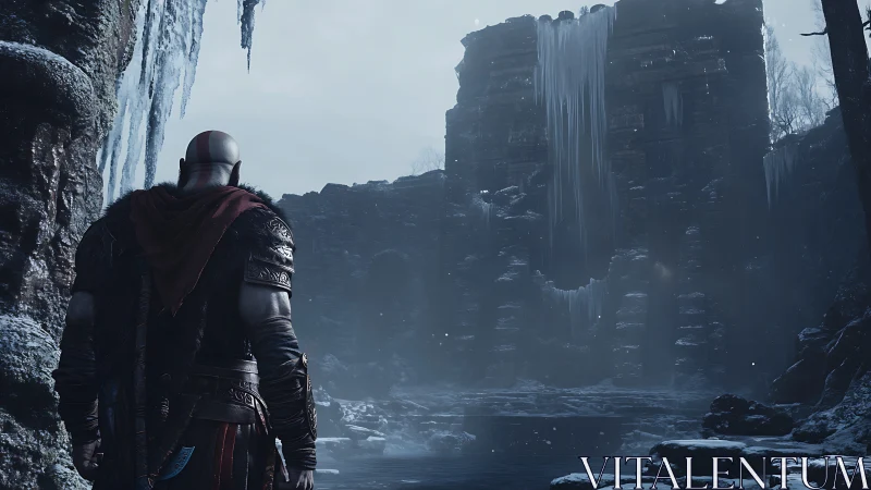 Armored warrior surveys frozen ruins beneath looming icefall