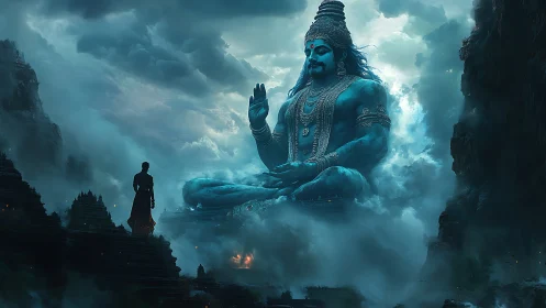 Giant blue meditating deity towers over lone robed figure.