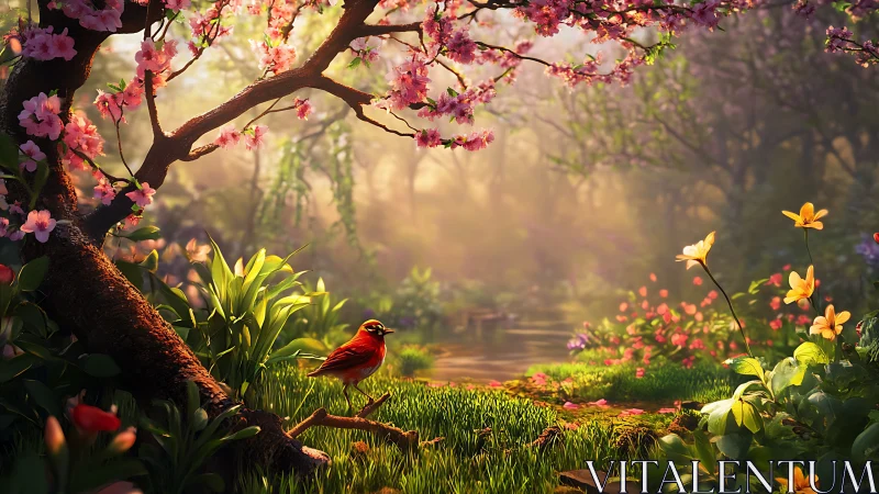 Spring-lit woodland creek with ruby songbird in bloom.