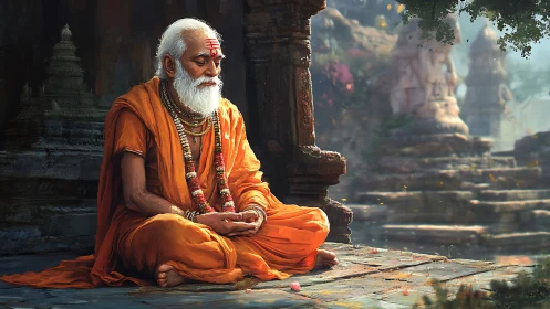 Elderly monk in orange robes meditating at stone temple
