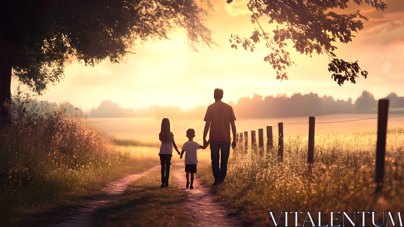 Backlit family silhouettes walk a rural path at golden hour