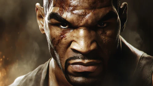 Fierce digital boxer stares ahead with raw determination